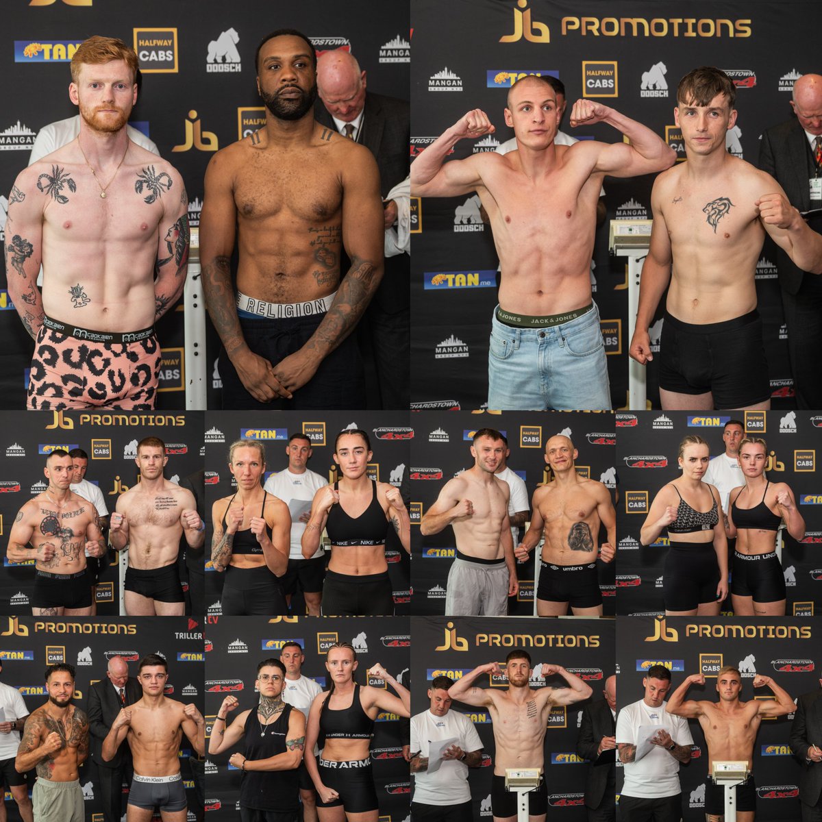 BoxingTicketsNI's tweet photo. Weigh-ins completed for the JB Promotions #HeatingUp card at Leopardstown racecourse tomorrow night
10 fight card, with the action getting underway from 6pm tomorrow night
Thanks to @babsdaly for the pictures https://t.co/9u652SfnJc