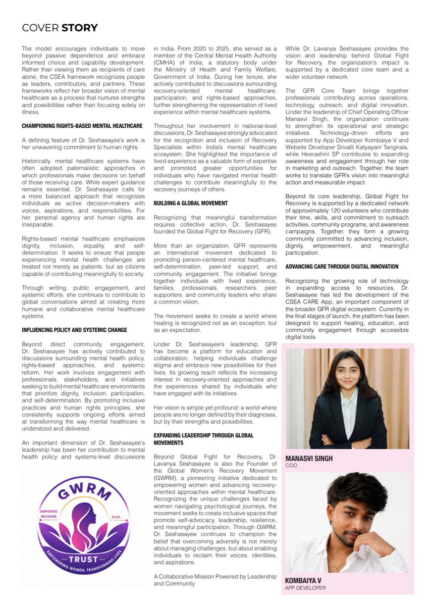 lavanyabs's tweet photo. Honored to be featured on the cover of CEO India Magazine.

Recovery is about more than symptom management—it's about dignity, empowerment, and human potential. Let's continue building a world where people are seen beyond diagnosis.

#MentalHealth #GFR #Leadership #CSEA https://t.co/V3Gb3Rk5go