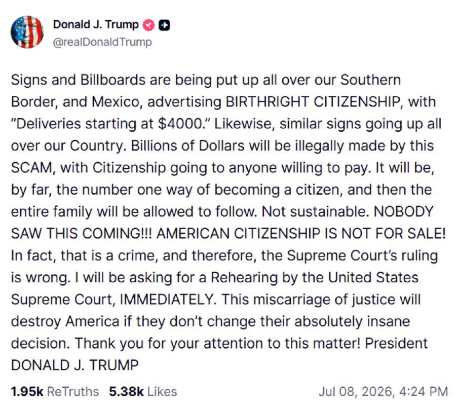 BasedMikeLee's tweet photo. SCOTUS got birthright citizenship wrong.

I hope the Court will reconsider. https://t.co/Ry839CaBq3