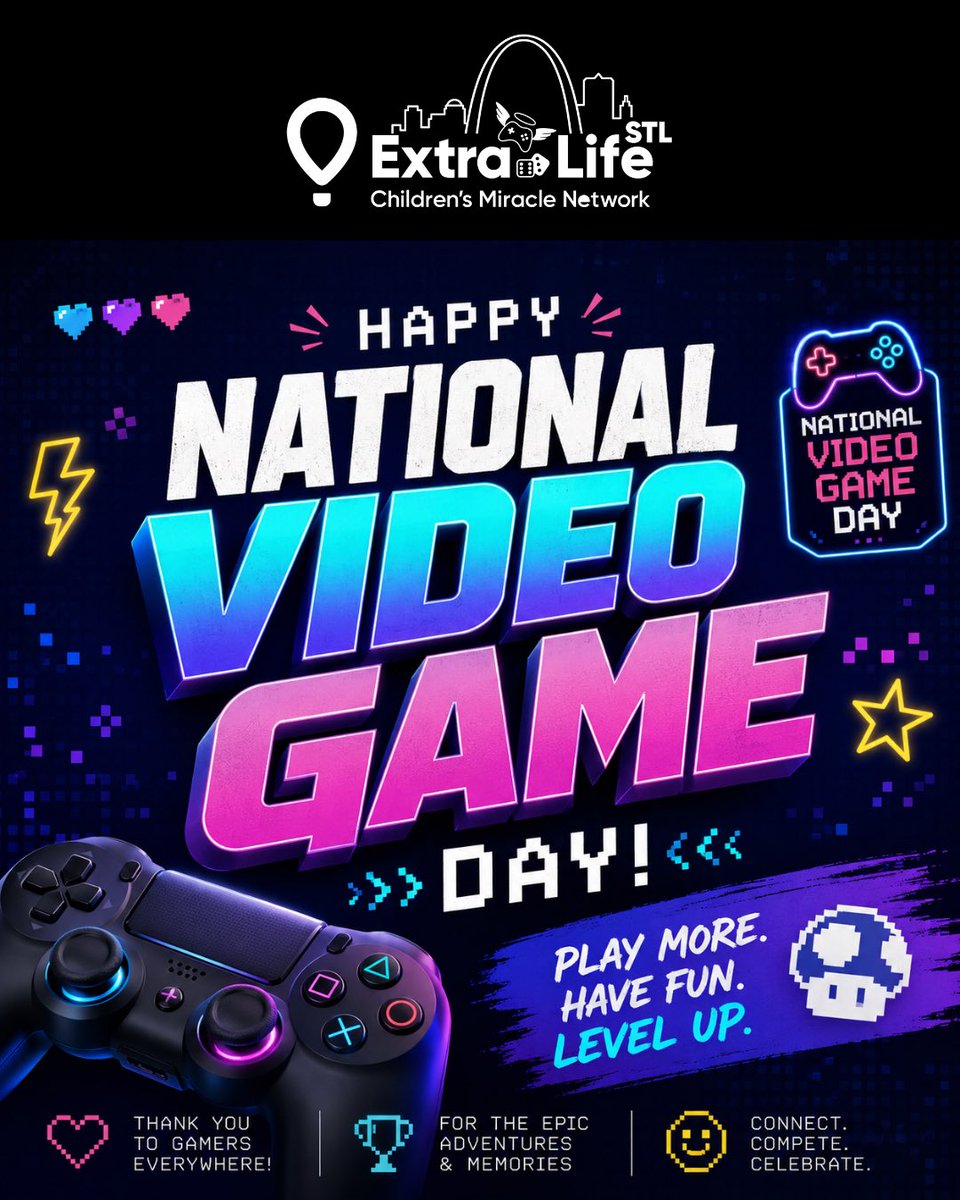 ExtraLifeSTL's tweet photo. 🎮 Happy National Video Game Day! 🎮

What’s the best video game of all time? Tell us in the comments! 👇

Turn your love of gaming into something bigger with Extra Life! Registration is FREE. Sign up at https://t.co/MUHFPDlvwG. 

Play games. Make big change for all kids https://t.co/TJcNPR7Iqd