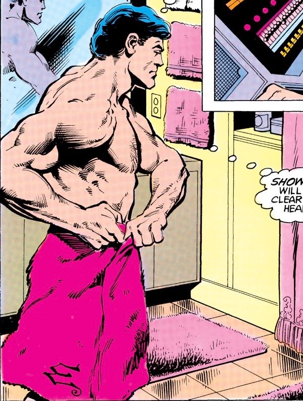 1989ies's tweet photo. Bruce Wayne in his little pink towel… diva https://t.co/2sNClrMbL2