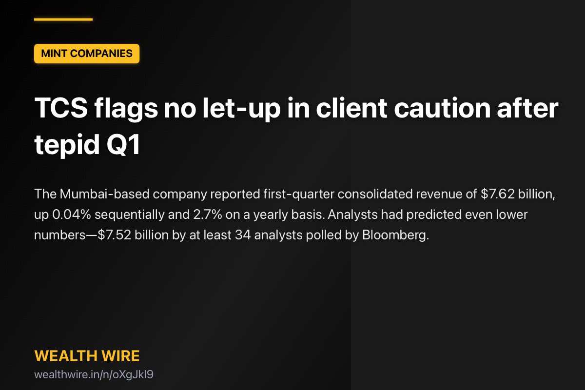 babytrillion_'s tweet photo. The Mumbai-based company reported first-quarter consolidated revenue of $7.62 billion, up 0.04% sequentially and 2.7% on a yearly basis. Analysts had predicted even lower numbers—$7.52 billion by at least 34 analysts polled by Bloomberg. #wealthwire
https://t.co/zDa3Zld0wb https://t.co/QJDVGiPvsq
