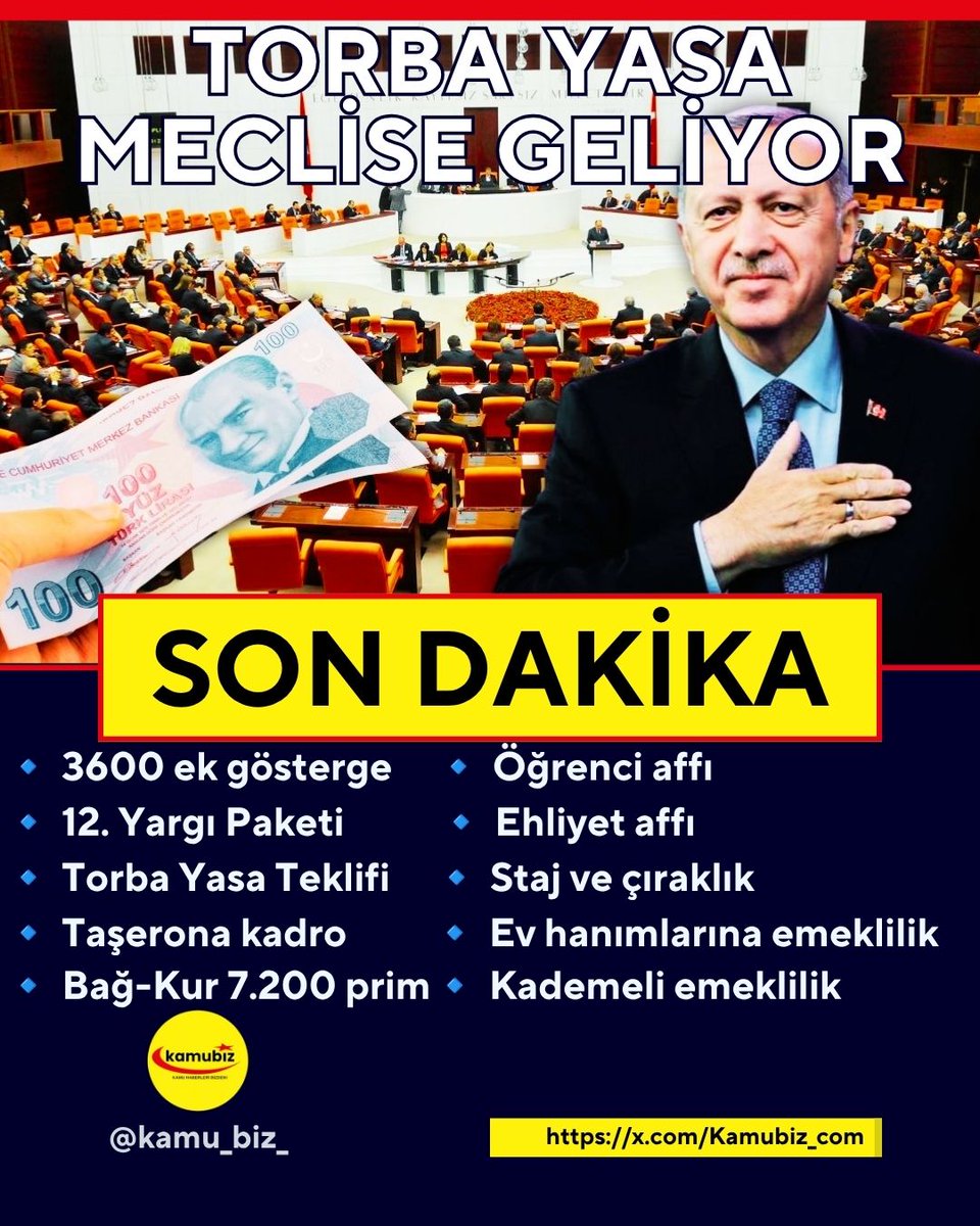 Kamubiz_com's tweet photo. 💥Meclis'te Tatil İptal: Milyonları İlgilendiren 5 Maddelik Torba Yasa İçin Mesai Başlıyor!

NATO Liderler Zirvesi sebebiyle çalışmalarına kısa bir ara veren Türkiye Büyük Millet Meclisi (TBMM), önümüzdeki hafta itibarıyla Ankara'da çok yoğun bir mesai serisine basmaya hazırlanıyor.

📌 TBMM'nin öncelikli gündeminde;
✅ 12. Yargı Paketi
✅ Torba Yasa Teklifi
✅ Öğrenci affı düzenlemesi
✅ Çerçeve Yasa
✅ "Terörsüz Türkiye" sürecine ilişkin yasal düzenlemeler yer alıyor.

⚠️ Meclis kulislerinde konuşulanlara göre gündemin yoğunluğu nedeniyle yaz tatili ertelenebilir.

Öte yandan;
🔹 Taşeron işçilere yönelik düzenleme
🔹 Bağ-Kur 7.200 prim günü
🔹 3600 ek gösterge
🔹 Kademe düzenlemesi
🔹 Staj ve çıraklık sigortası
🔹 Ehliyet affı
🔹 Ev hanımlarına emeklilik

gibi milyonların takip ettiği başlıkların ise bu yasama döneminde görüşülmeyip sonraki döneme kalabileceği değerlendiriliyor.

📌 Not: Bu düzenlemelerle ilgili henüz yasalaşmış bir karar bulunmuyor. Sürece ilişkin son sözü TBMM Genel Kurulu verecek.

📌 Gelişmeler için sayfamızı takip edin!