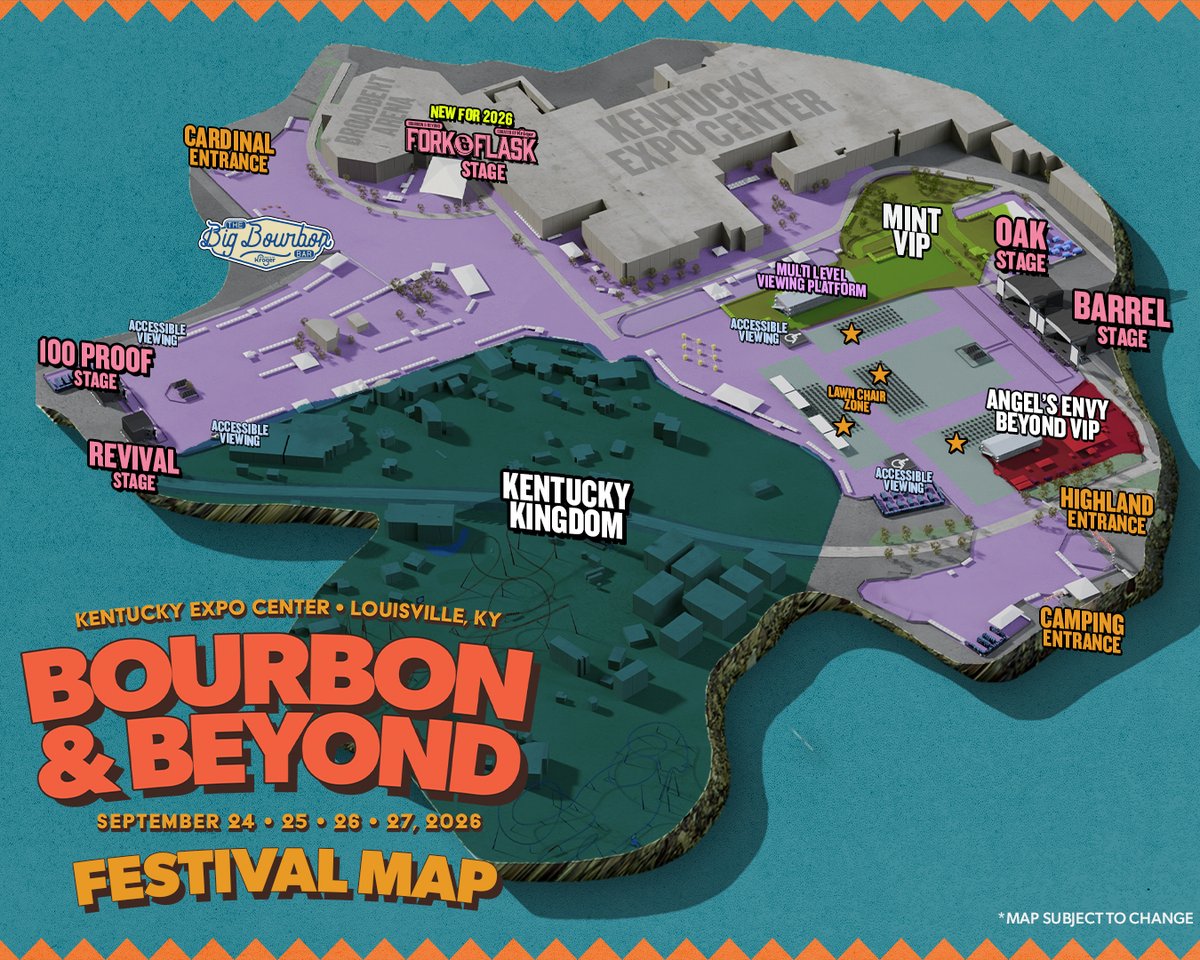 BourbonNBeyond's tweet photo. Four days. Endless discoveries.

The official 2026 Bourbon &amp; Beyond map is here.

From the stages to the Kingdom, the food to the experiences, everything you need to navigate your weekend is right here.

🗺️ Save this post and start planning. https://t.co/yhy9WneB68