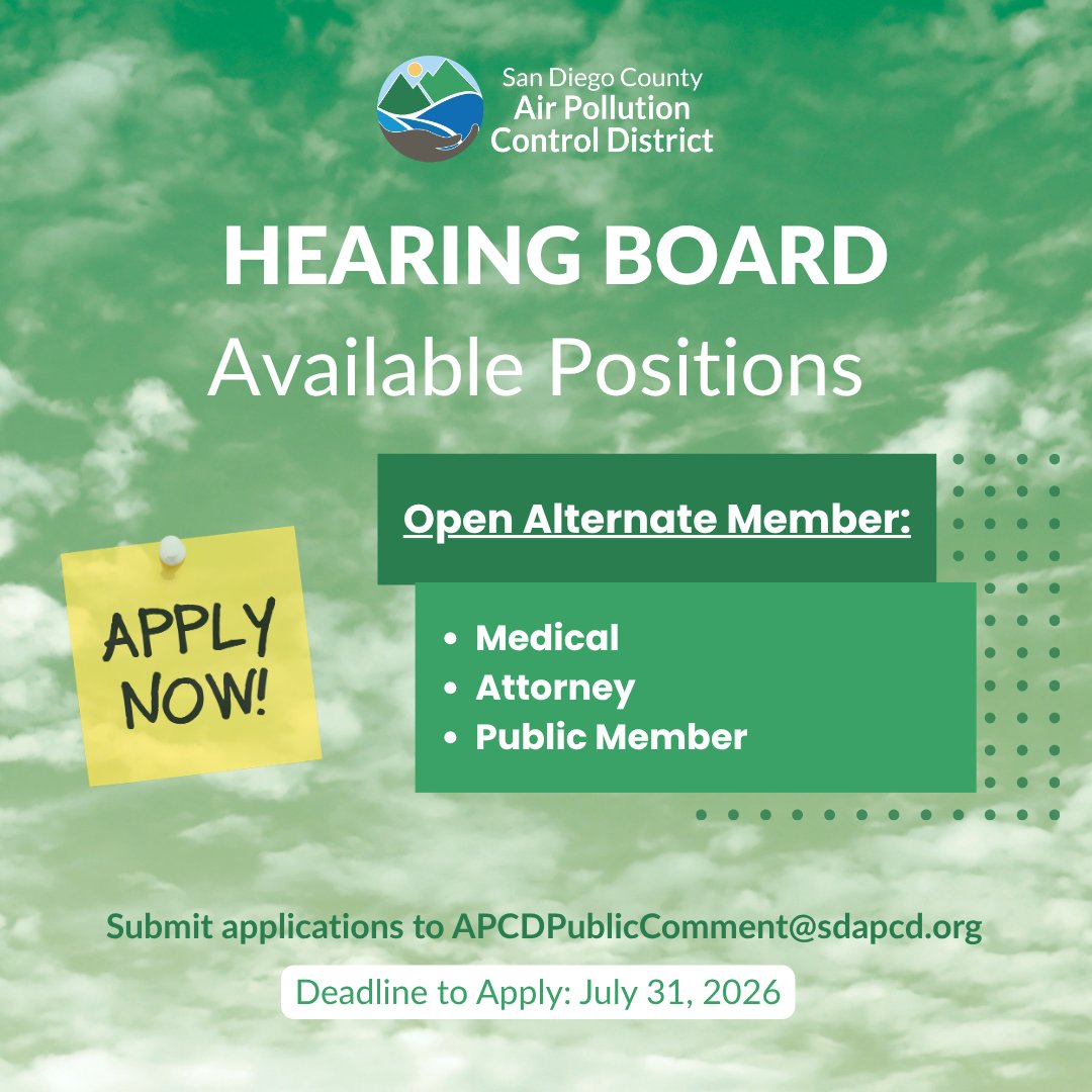 sdapcd's tweet photo. Become part of the conversation 🗣️

There’s still time to submit your Public Member application for the SDAPCD Governing or Hearing Board!

Apply by July 31, 2026.

Learn more and apply at: https://t.co/8ZsNZzguiE
#SDAPCD #GoverningBoard https://t.co/v9TqVXBGzy