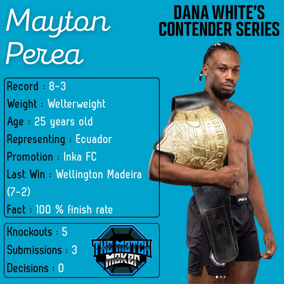 MMA__Matchmaker's tweet photo. 🚨DWCS NEWS🚨
🇪🇨Mayton Perea (8-3) will be featured on the upcoming season of #DWCS ! He'll fight an opponent TBA on September 15th (Week 6)
#UFC #MMA https://t.co/yz7JlY8oJl