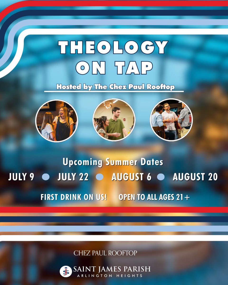 SJS_Bulldogs's tweet photo. 𝗧𝗵𝗲𝗼𝗹𝗼𝗴𝘆 𝗼𝗻 𝗧𝗮𝗽!
Get ready to be inspired at Theology on Tap this summer! We'll have discussions such as, ‘How to Live with a Catholic Worldview” and “The Unofficial History of Dating”. As a thank you, we’ll even be covering your first drink! https://t.co/G05YKnLLdh