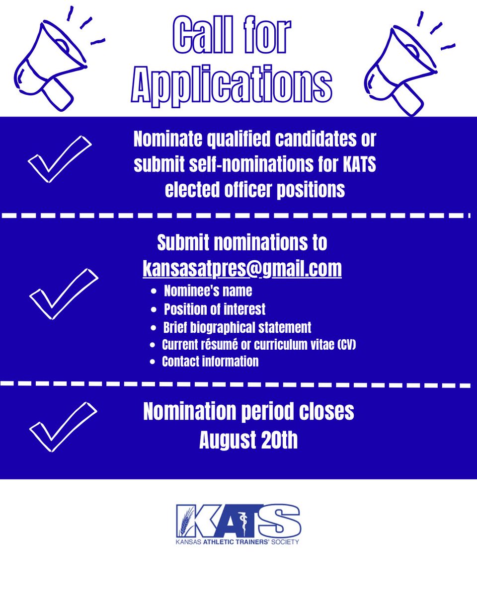 KansasATS's tweet photo. KATS Board Officer Election nominations are now open. Submit nominations to kansasatpres@gmail.com by August 20th

See the KATS email for more information that was sent out July 1st. https://t.co/U0HNIyIP7v