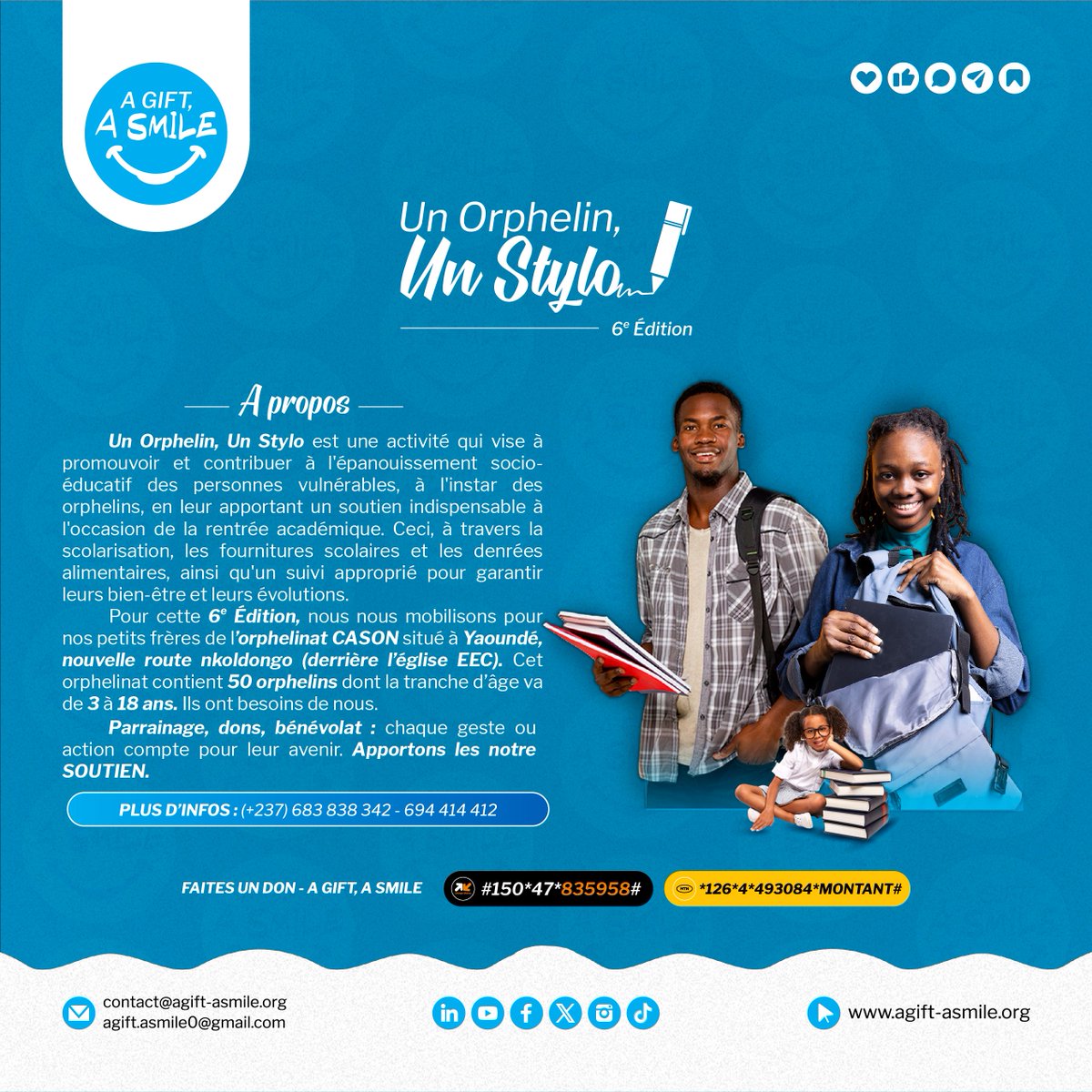 agift_asmile's tweet photo. À l’approche de la rentrée, @agift_asmile lance la 6e édition de son action #UnOrphelin_UnStylo à l'orphelinat CASON de Yaoundé.

Offrir un stylo, c'est donner à un enfant la force d'écrire son avenir. Soutenons-les.

📲 (+237) 683 838 342 - 694 414 412 
🌐https://t.co/LwmJU25eCo https://t.co/SHaHo41o2y