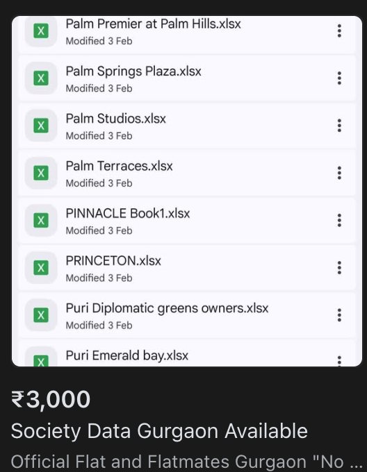 vivekraju93's tweet photo. Someone is selling Gurgaon gated society owners data in excel sheets on Facebook marketplace https://t.co/yuJbwH9sYn