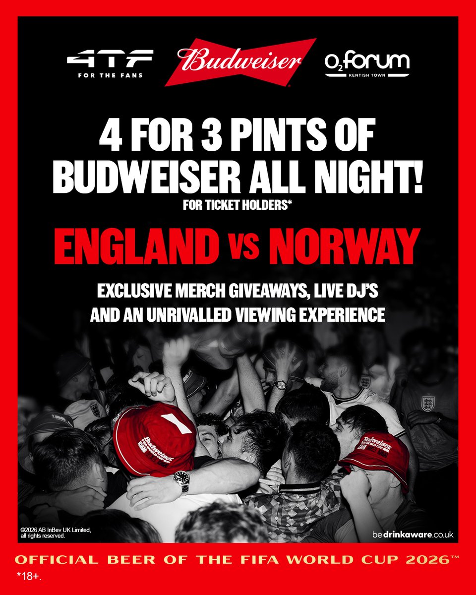 O2ForumKTown's tweet photo. Watch England take on Norway at #O2ForumKentishTown this Saturday while enjoying our incredible Budweiser match-day offer ⚽

£5 pints of Budweiser 🍻
4 for 3 pints of Budweiser all night! 🤩
Electric matchday atmosphere ✅

Tickets 🎟️https://t.co/Om8eRpRKpf https://t.co/SltoXrLFb0