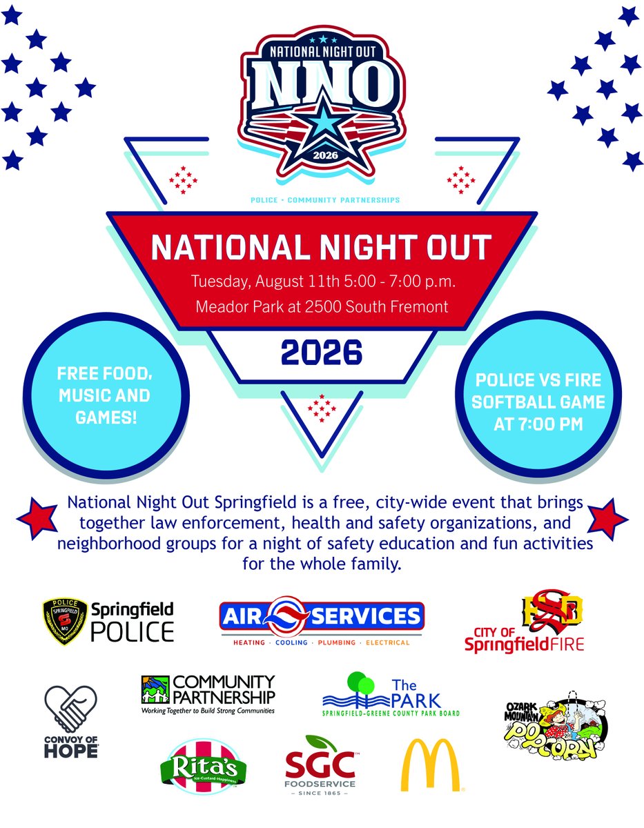 CPOzarks's tweet photo. Join us for Springfield's National Night Out 2026!
📅 Aug. 11 | 5 to 7 PM | Meador Park
Enjoy FREE food, face painting, a drone demo, police &amp; fire vehicles, Splash &amp; Sizzle, pickleball, &amp; more. Then stay for the Police vs. Fire Softball Game at 7 PM! ⚾ Bring the whole family! https://t.co/2u6IvFst90