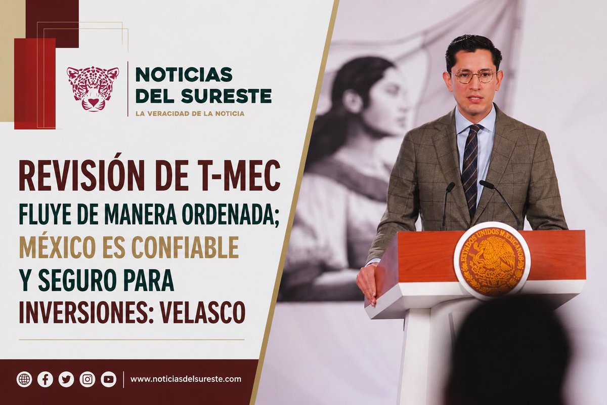 NotiSurMX's tweet photo. #Nacional 🇲🇽 T-MEC AVANZA DE MANERA ORDENADA: @r_velascoa 

El canciller afirmó que México es un socio confiable y un destino seguro para la inversión, con el tratado vigente hasta 2036.

👉 Lee la nota completa https://t.co/GpuTFuGe8s https://t.co/9057CXByiu