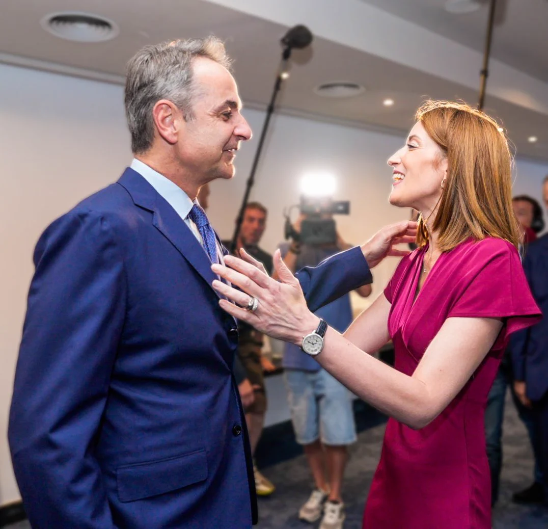 The President of the European Parliament Roberta Metsola welcomed by the Prime Minister of Greece Kyriakos Mitsotakis in Athens, Greece.