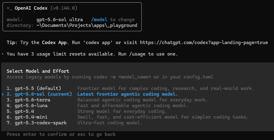 WindowsのCodex CLIにもgpt-5.6が来ました。