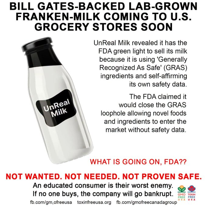 1kilroywashere's tweet photo. 'Consumer Alert Lab-Grown Franken-Milk to Hit US Grocery Shelves: Bill Gates-backed "milk" comes from lab-grown 'mammalian cell cultures' Dubbed UnReal Milk @greenarteries @GMWatch @GMFreeze @paulapeters2 @hawkins_carole @SusanChubb1 @RandolphTrent @vamroses @anonoccu1 https://t.co/hhL3biVbN3