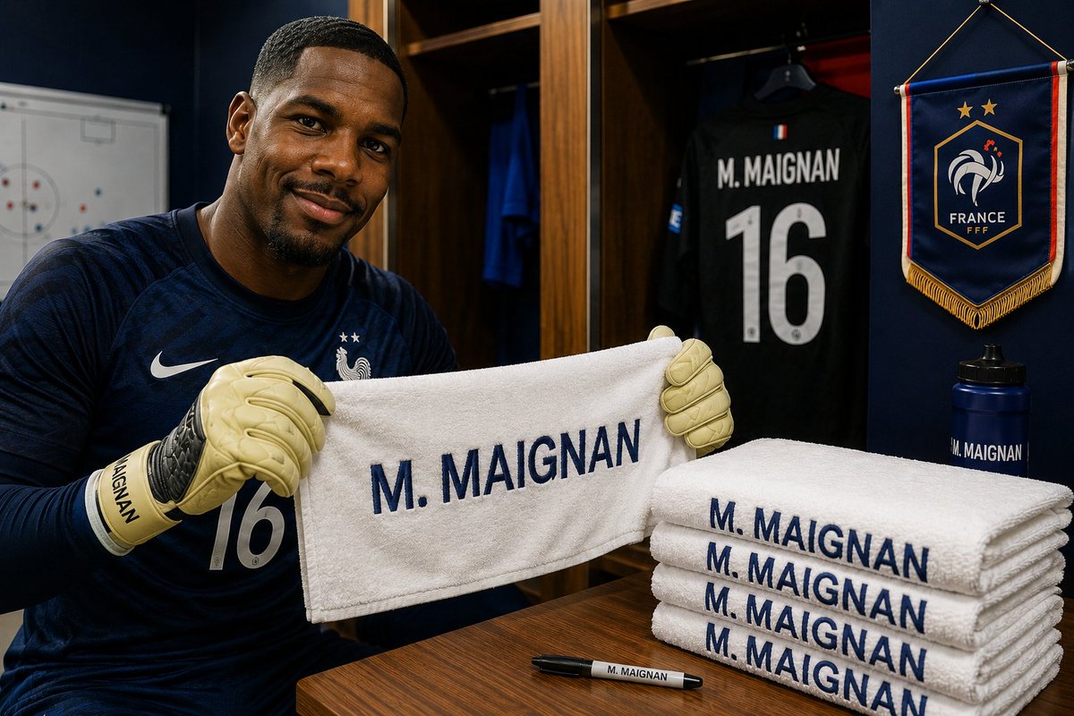 jennyoswald461's tweet photo. Avant le match France 🇨🇵 vs Maroc 🇲🇦 

Le gardien français M. MAIGNAN a marqué son nom sur sa serviette. On ne sait jamais. https://t.co/PEEgaaoSg5