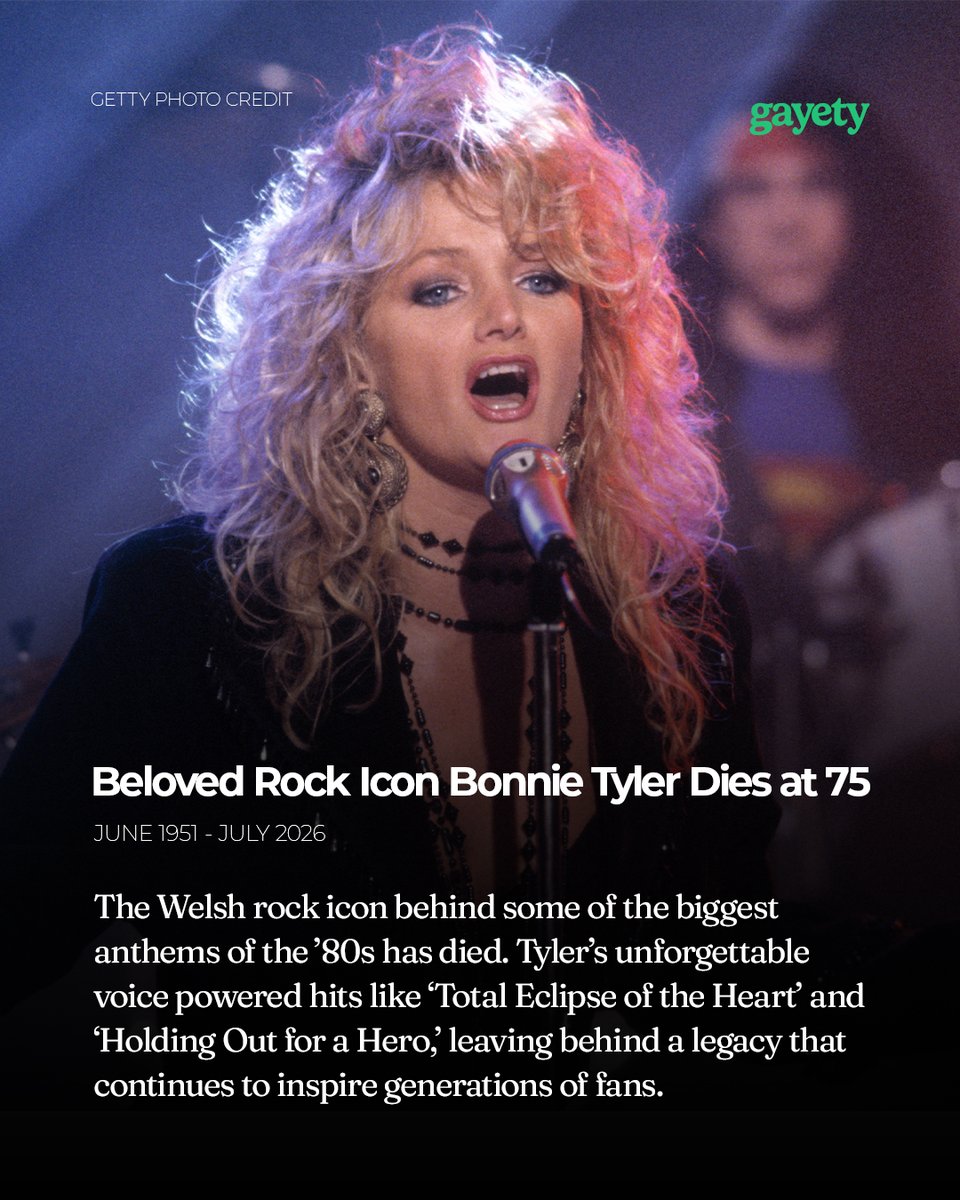 gayety's tweet photo. Bonnie Tyler’s voice was impossible to forget. 💔 The legendary singer behind 'Total Eclipse of the Heart' and 'Holding Out for a Hero' has died at 75. https://t.co/qMyGCTKvRS