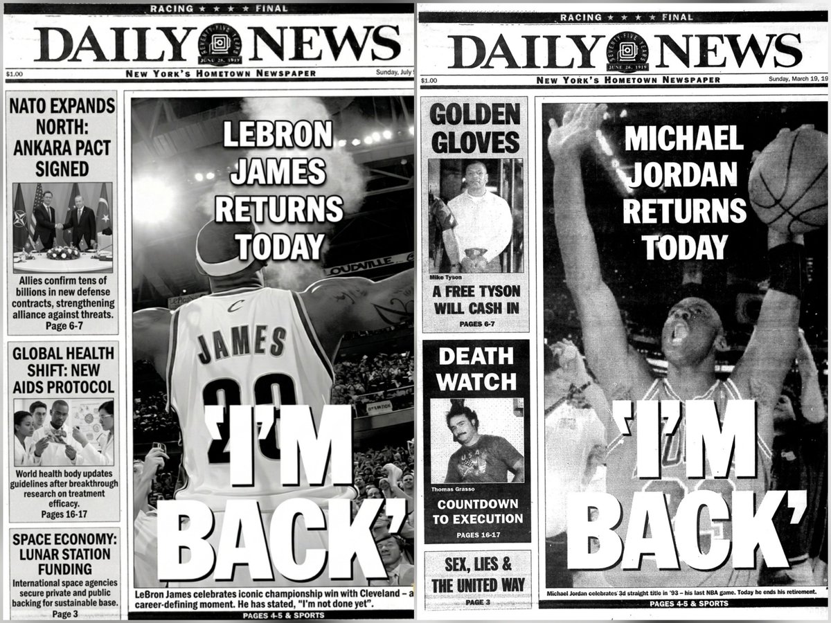 TheHarvCoreOne's tweet photo. Which announcement is bigger news? LeBron James rejoining the Cleveland Cavaliers in 2026 or Michael Jordan rejoining the Chicago Bulls in 1995? https://t.co/tfLgLjD4OU