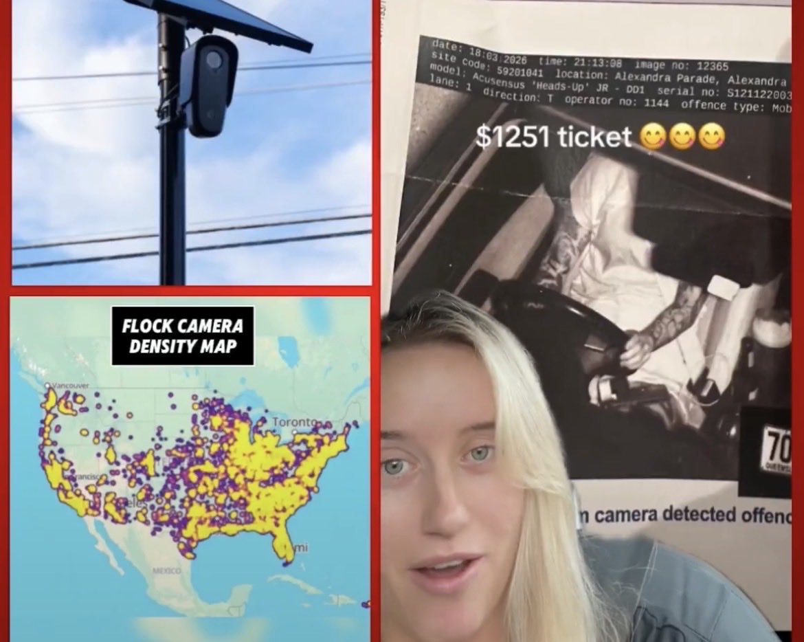MW4Liberty's tweet photo. Consider this: a woman is driving, eyes on the road. Her phone is sitting on her lap, face down. She isn't texting. She isn't scrolling. She isn't even looking at it. Yet, an overhead AI traffic camera snaps a photo, algorithmically flags the device, and a $1,200 ticket is automatically generated and mailed to her doorstep.

The surveillance state ALWAYS becomes the judge, jury, and executioner. Abolish it.