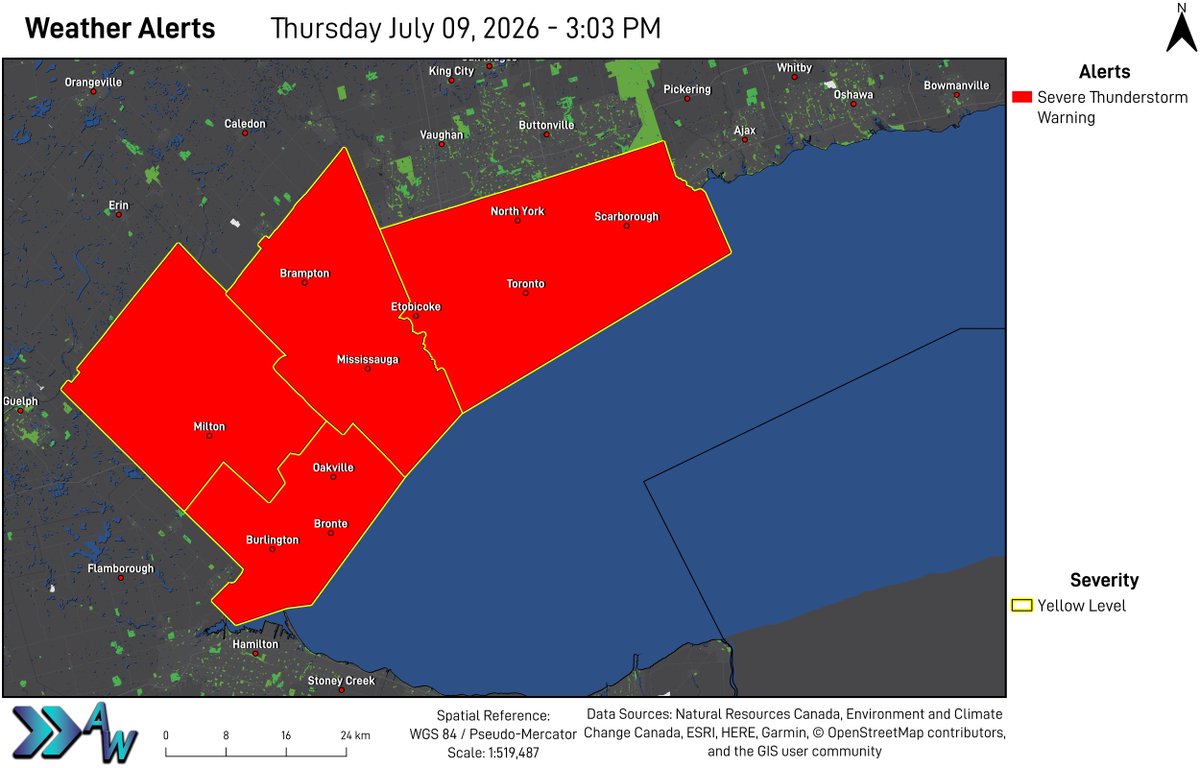 AdvanceWeather's tweet photo. 3:04 PM ET - Severe Thunderstorm Warning continues for the #GTA.

Thunderstorm Location: Halton Hills to Kilbride

Motion: Moving east at 55 km/h

Hazards: Wind- Damaging (90 - 110 km/h) and Torrential downpours

Locations in the Path: Milton, Burlington, Mississauga, Oakville, Toronto