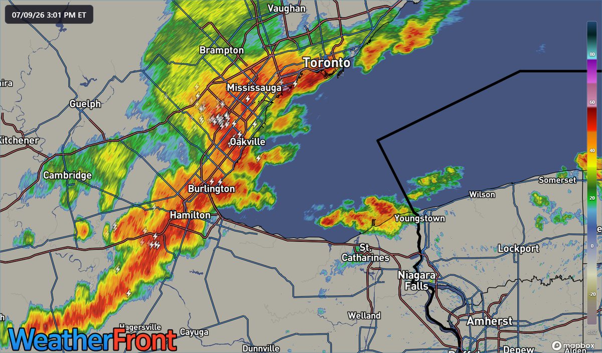 AdvanceWeather's tweet photo. 3:04 PM ET - Severe Thunderstorm Warning continues for the #GTA.

Thunderstorm Location: Halton Hills to Kilbride

Motion: Moving east at 55 km/h

Hazards: Wind- Damaging (90 - 110 km/h) and Torrential downpours

Locations in the Path: Milton, Burlington, Mississauga, Oakville, Toronto