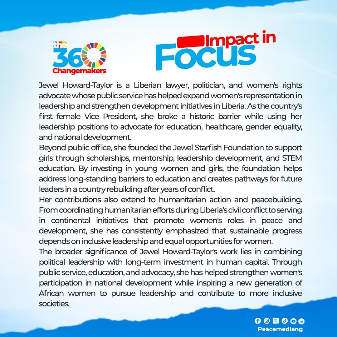 PeacemediaNG's tweet photo. Jewel Howard-Taylor has advanced women’s leadership, education, and inclusive governance through public service and advocacy. Her work expands opportunities for women and girls while inspiring the next generation of African leaders.
#PeaceMedia #the360changemakers #170of360 https://t.co/S8VN9uCfml