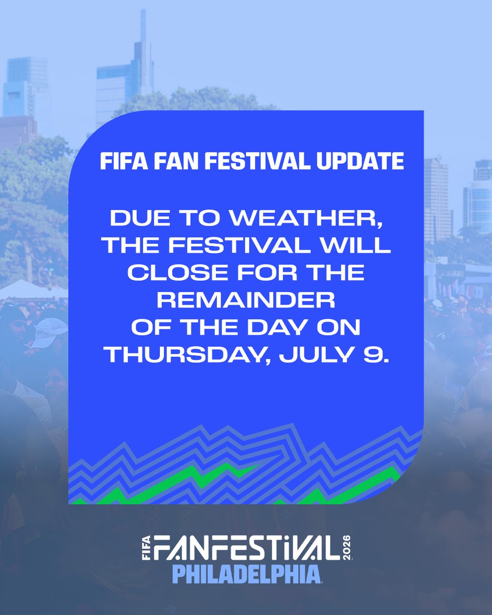 FWC26Philly's tweet photo. Unfortunately, the weather's not cooperating today. 

#FIFAFanFestival will be back tomorrow for Belgium-Spain. https://t.co/doFP5MzMFk