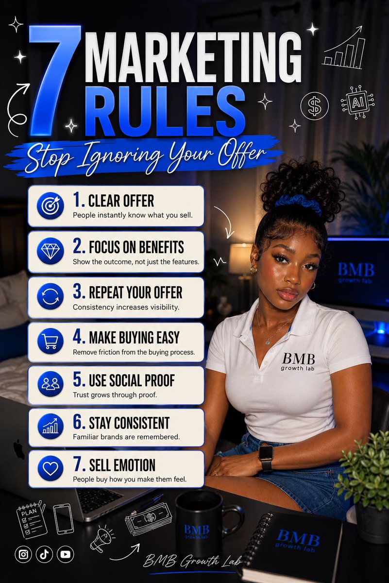 BMBgrowthlab's tweet photo. Here are 7 marketing rules I think every business owner should stop ignoring.

One thing that has genuinely helped me improve my own marketing is using AI tools to research ideas, understand customer pain points, refine offers, and organize content faster. https://t.co/pQWT92IwV4