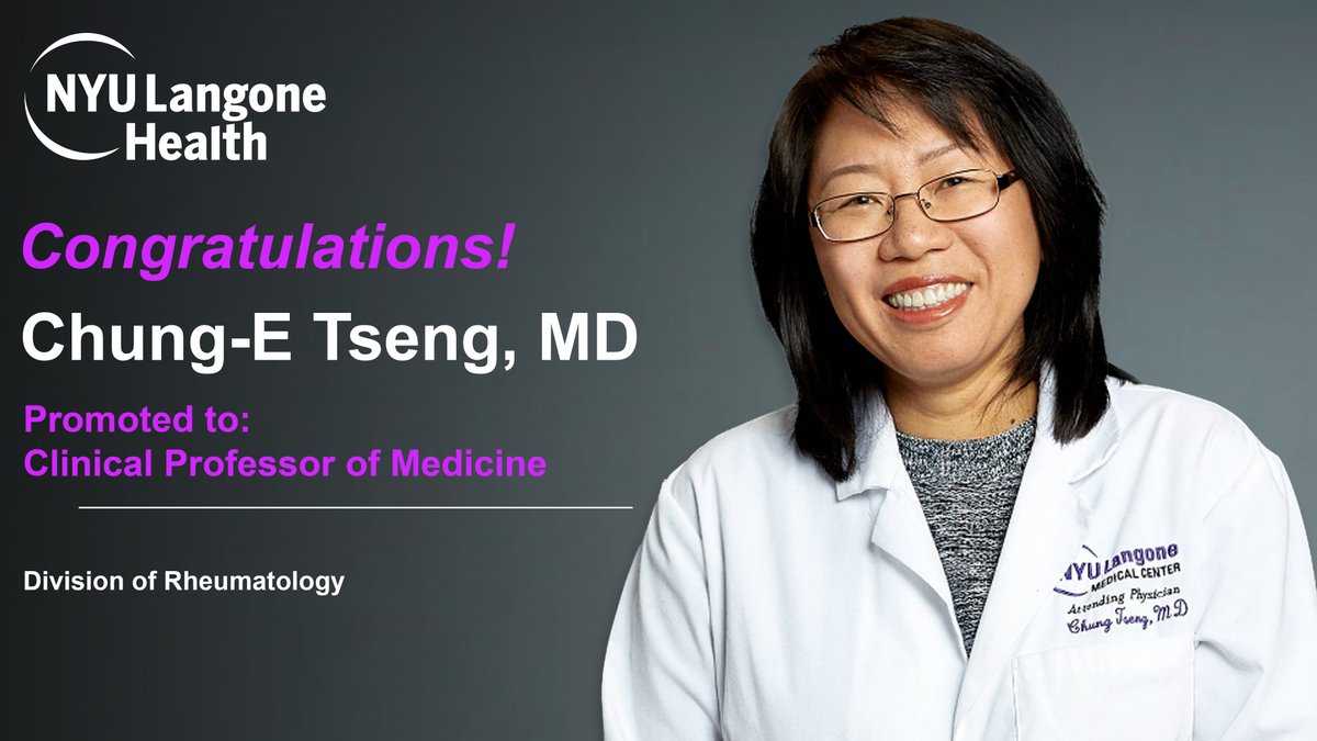 NYULH_DeptofMed's tweet photo. Congratulations to Chung-E Tseng, MD, on her highly deserved promotion to Clinical Professor of Medicine.
#Exceptionalism #FacultyAchievement #Rheumatology https://t.co/fQCMnfiedB
