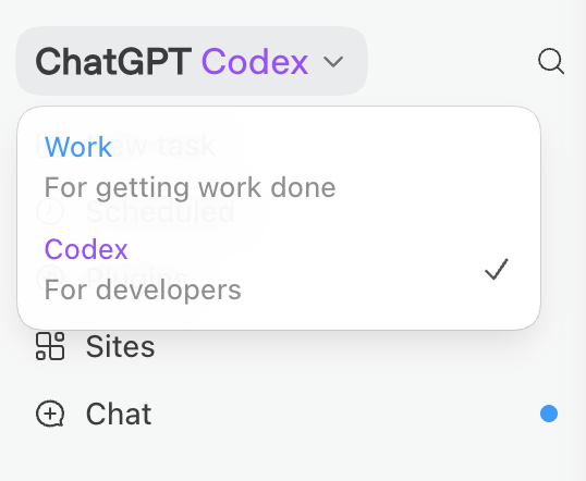 ding_liam's tweet photo. OpenAI 把 ChatGPT、Work和 Codex 装进了同一个桌面应用，Chat、Work、Codex三个模式应该会共用同一套记忆和历史记录？

Chat的优先级被调这么低，我猜，就是想明确告诉大家：

“ChatGPT is no longer just a chatbot — it’s a full work platform.”

但是！！！
Codex直接更新后直接没了，也没有提示告诉我会合并进 ChatGPT……
而且我两次更新都出了问题，左上角根本切不了Work和Codex。
这个更新提示也太烂了，��得我以为自己电脑坏了，一直在找“Codex怎么不见了”