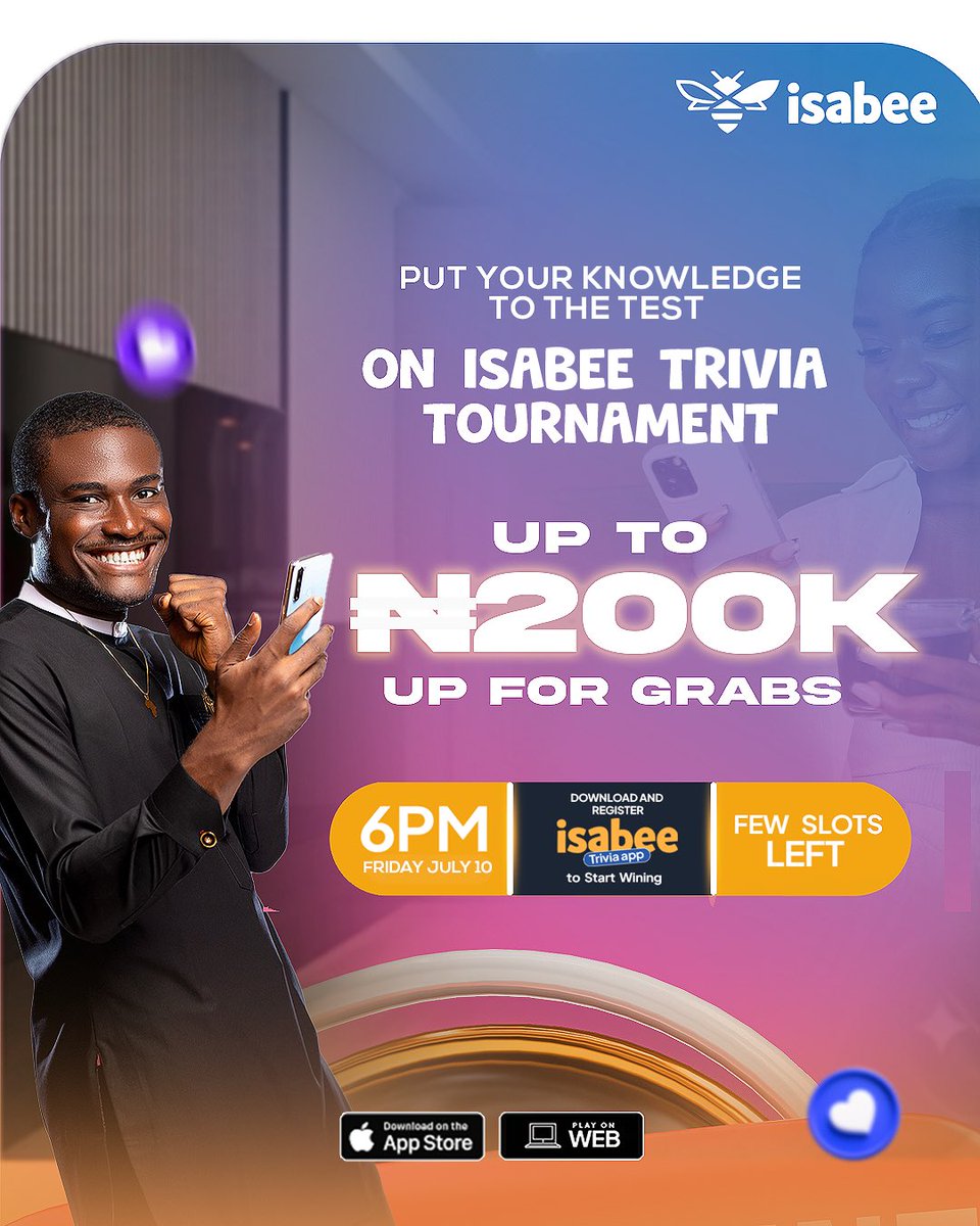 IsabeeTrivia's tweet photo. With Less than 24 hours to go.

The countdown is officially on for the Isabee Trivia Tournament! 

Tomorrow, we'll crown our new champions but the big question is... 

Who will take the top spot on our leaderboard and win BIG ?

#Isabee #IsabeeTrivia #Giveaway #WinCash #TriviaChallenge #PlayAndWin #NigeriaGiveaway #CashGiveaway #ContestAlert #WinWithIsabee