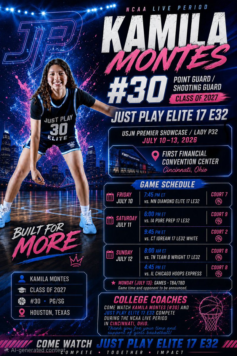 kamila_hoops's tweet photo. @LadyRaiderWBB Come watch my team Just Play Elite 17u E32 and I compete in Cincinnati, OH 
July 10-13, 2026.

📍 First Financial Convention Center. https://t.co/YmHLB6rzJ0