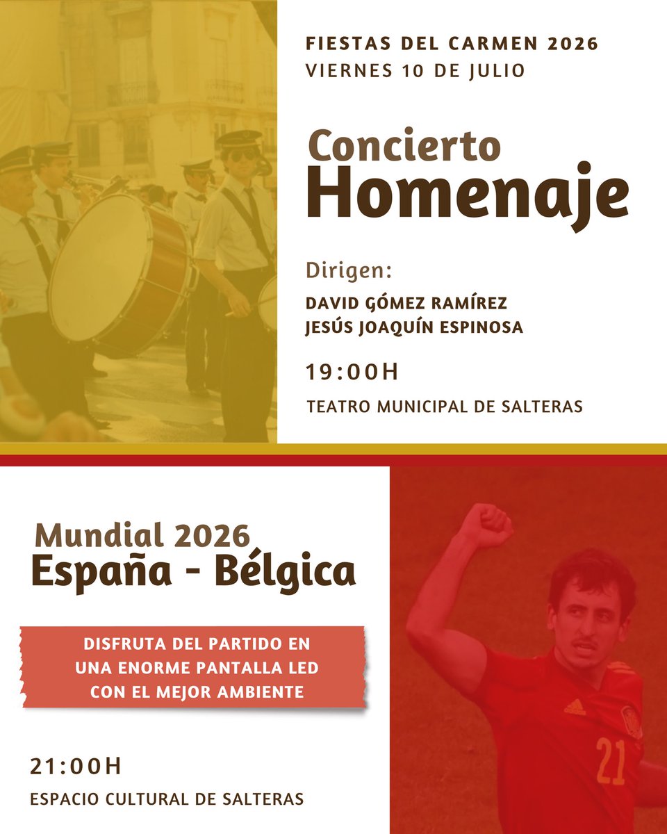 CarmenDSalteras's tweet photo. Plan perfecto para mañana viernes en Salteras. A las 19:00, en el Teatro Municipal, nuestro Concierto Homenaje. La banda del Carmen con un cuidado repertorio sinfónico, y el reconocimiento, como manda la tradición, a figuras destacadas de la familia carmelita. Y al bajar el telón, a las 21:00, nos vemos en el Espacio Cultural: España – Bélgica en pantalla gigante, con la barra a cargo de @JHS_SALTERAS y @negrossalteras. 

Fútbol, buen ambiente y las fiestas en todo lo alto. Mañana no hay que elegir. Os esperamos en Salteras. 
#FiestasDelCarmen2026 #DeSalteras