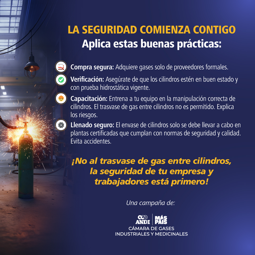 ANDI_Colombia's tweet photo. ✅El trasvase de oxígeno y otros gases puede poner en riesgo a tus colaboradores, tus procesos y tu operación. Di NO a esta práctica, compra a proveedores formales, verifica tus cilindros y evita procedimientos inseguros. Más info 👉 https://t.co/K9ZSMlgmKc #GasesANDI #NoTeExponGas