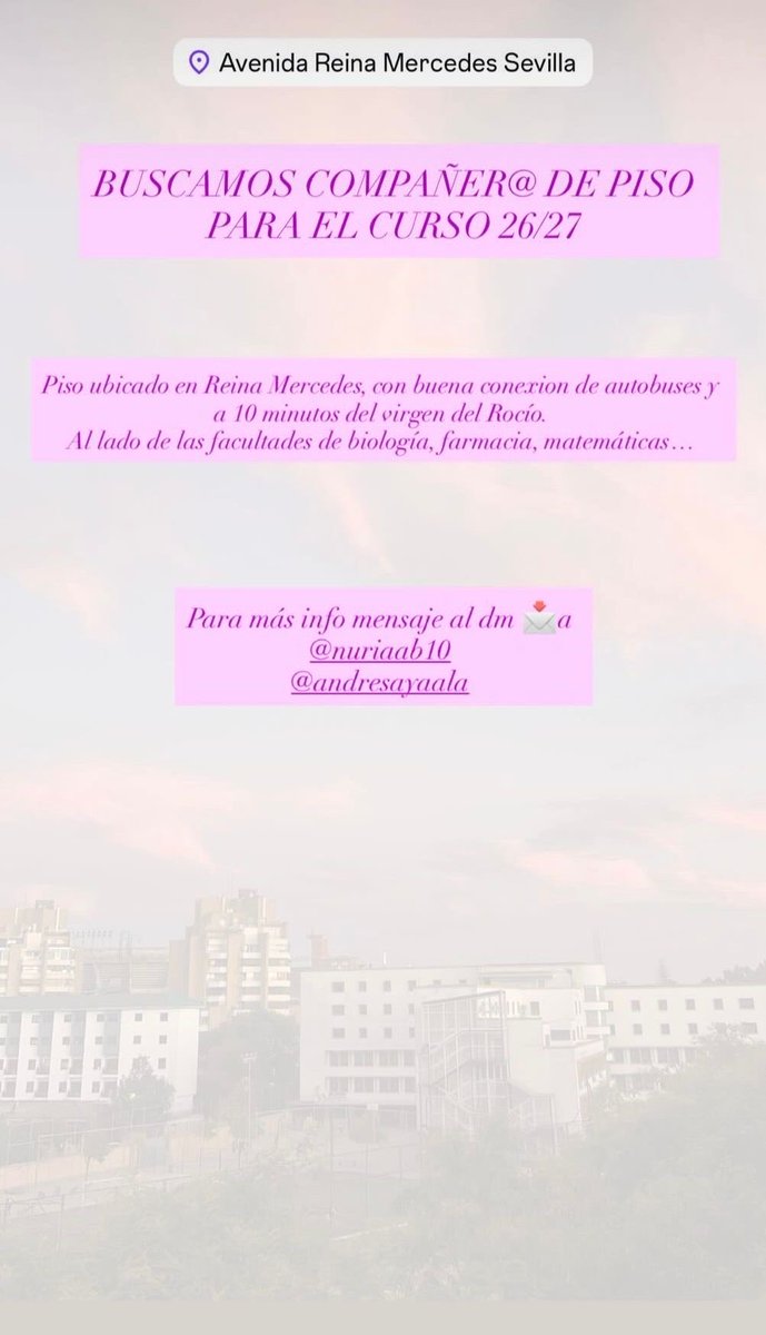 Nuriaab10's tweet photo. Hola!  Buscamos compañer@ para el curso 26/27, el piso se encuentra en Reina Mercedes, para más info por privado🥰 
#sevilla #reinamercedes #curso26/27 #pisoalquiler https://t.co/GeGmD0I4rc