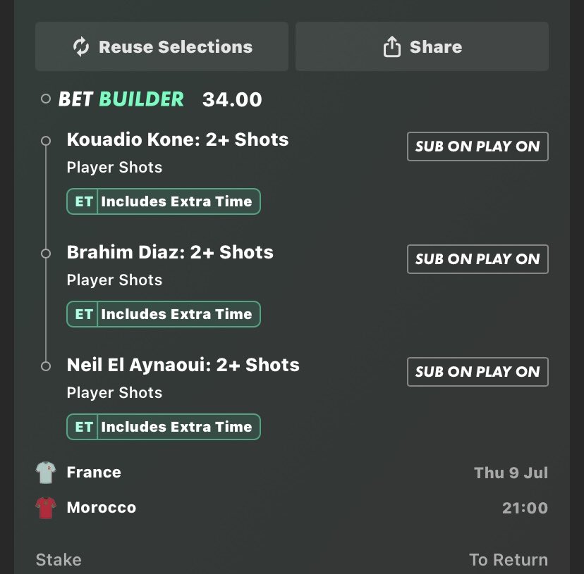 StatsDrivenEdge's tweet photo. 🎯 Main Bet (1U)

🔥 Bet Builder @ 3.40

• Kouadio Koné – 1+ Shot
• Neil El Aynaoui – 1+ Shot
• Brahim Diaz – 1+ Shot

💭 Reasoning:

Three players who are more than capable of registering a shot, and I think this line is overpriced.

🇫🇷 Kouadio Koné averages 1.60 shots per 90 and isn’t afraid to carry the ball forward or shoot from distance.

🇲🇦 Neil El Aynaoui averages 1.24 shots per 90, while also averaging 1.7 shots per game during the Africa Cup of Nations. He’s shown he isn’t shy about pulling the trigger when given space.

🇲🇦 Brahim Diaz averages 2.23 shots per 90 for Morocco and has been one of their biggest attacking threats throughout the tournament.

With extra time included, all three have even more opportunity to land just one effort, making this look like a strong value angle.

📊 Odds: 3.40 | Stake: 1U

⸻

🎯 Long Shot (0.5U)

🔥 Bet Builder @ 34.00

• Kouadio Koné – 2+ Shots
• Neil El Aynaoui – 2+ Shots
• Brahim Diaz – 2+ Shots

💭 Reasoning:

Same angle, just needing more volume.

Koné (1.60 shots P90), El Aynaoui (1.24 shots P90 & 1.7 shots per game at AFCON) and Brahim Diaz (2.23 shots P90) all have the underlying numbers to threaten these lines.

In what should be a competitive knockout game, I expect all three to have opportunities to shoot, and with extra time included, there’s even more value built into these higher lines.

High risk, but I think 34.00 is a bigger price than it should be.

📊 Odds: 34.00 | Stake: 0.5U

#FIFAWorldCup #FootballTips #BetBuilder #SportsBetting #ValueBets