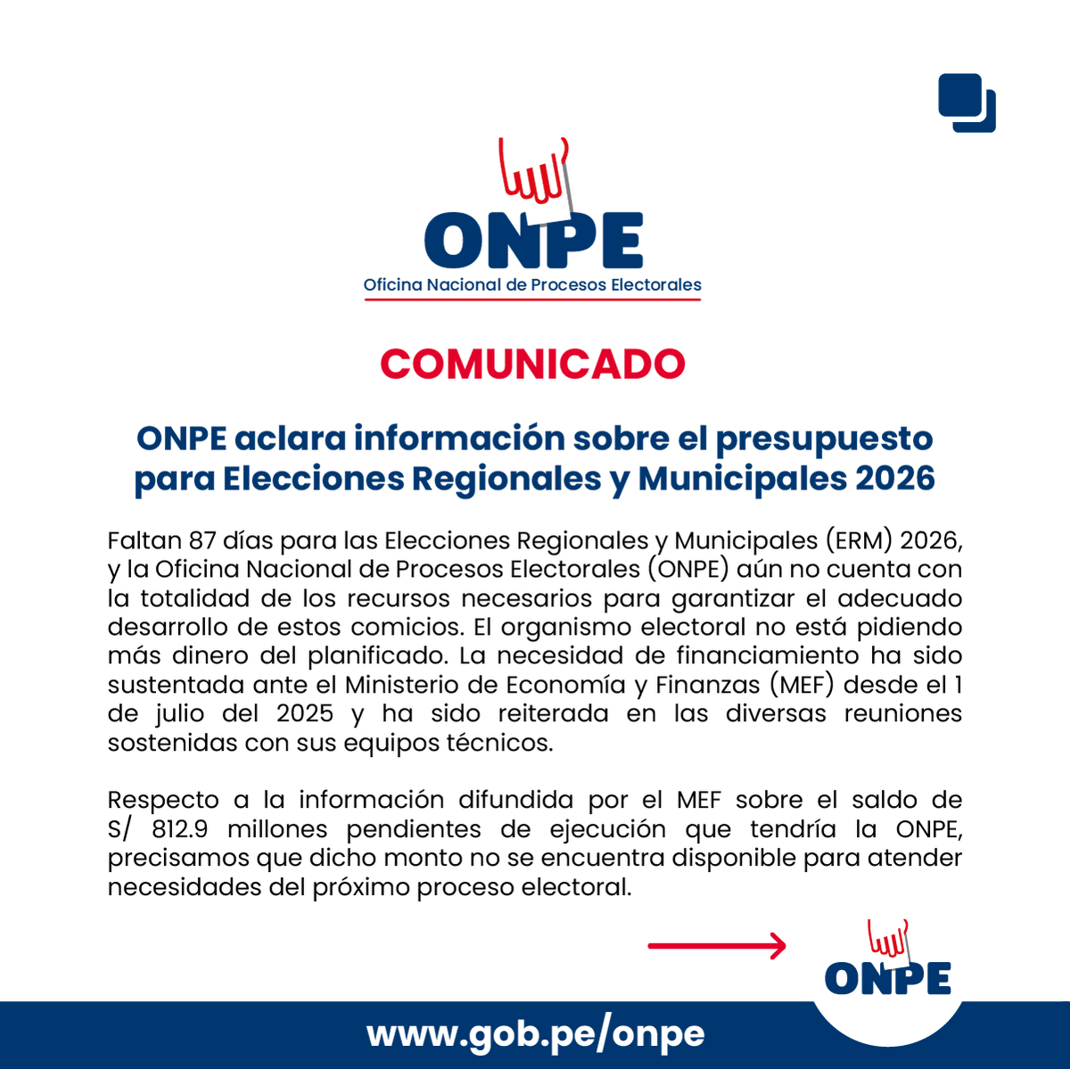 ONPE_oficial's tweet photo. #ONPEinforma | Aclaramos información sobre el presupuesto para las Elecciones Regionales y Municipales 2026.

#ERM2026 https://t.co/diVZkIIjhu