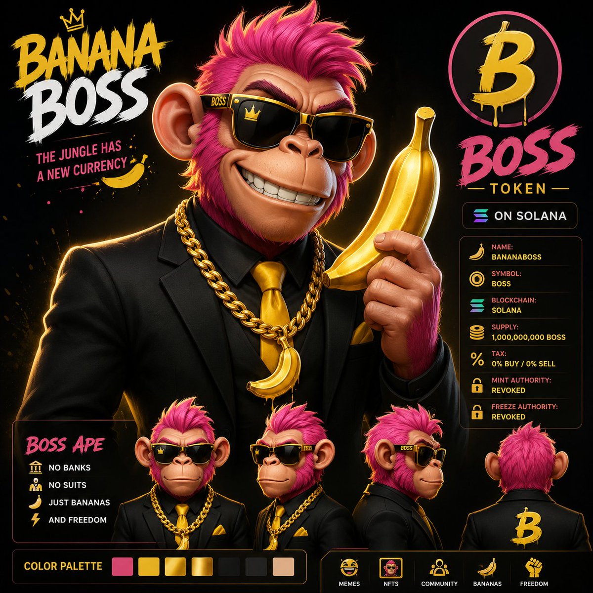 BananaBossSol's tweet photo. BananaBoss was born when a little monkey found a golden banana lost on the Solana blockchain. There is no CEO. There are no banks. Just bananas, memes, and a community determined to take over the internet and find its golden banana. https://t.co/LSohi8J2S7