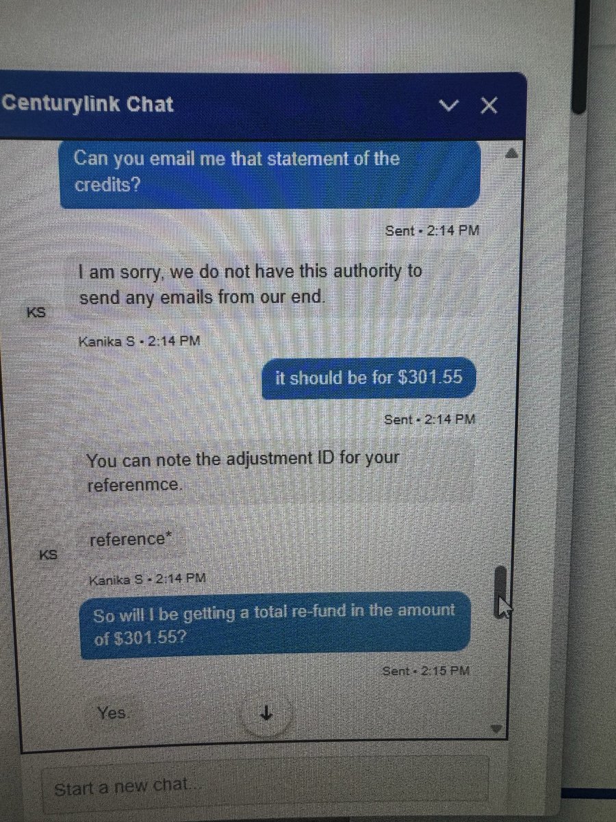 halftimestaats's tweet photo. @CenturyLink Will wait 30 to 45 days now to see if I get check for services that we interrupted by service provider and auto billed me for service that didn’t exist. https://t.co/u8HRFQDKAI