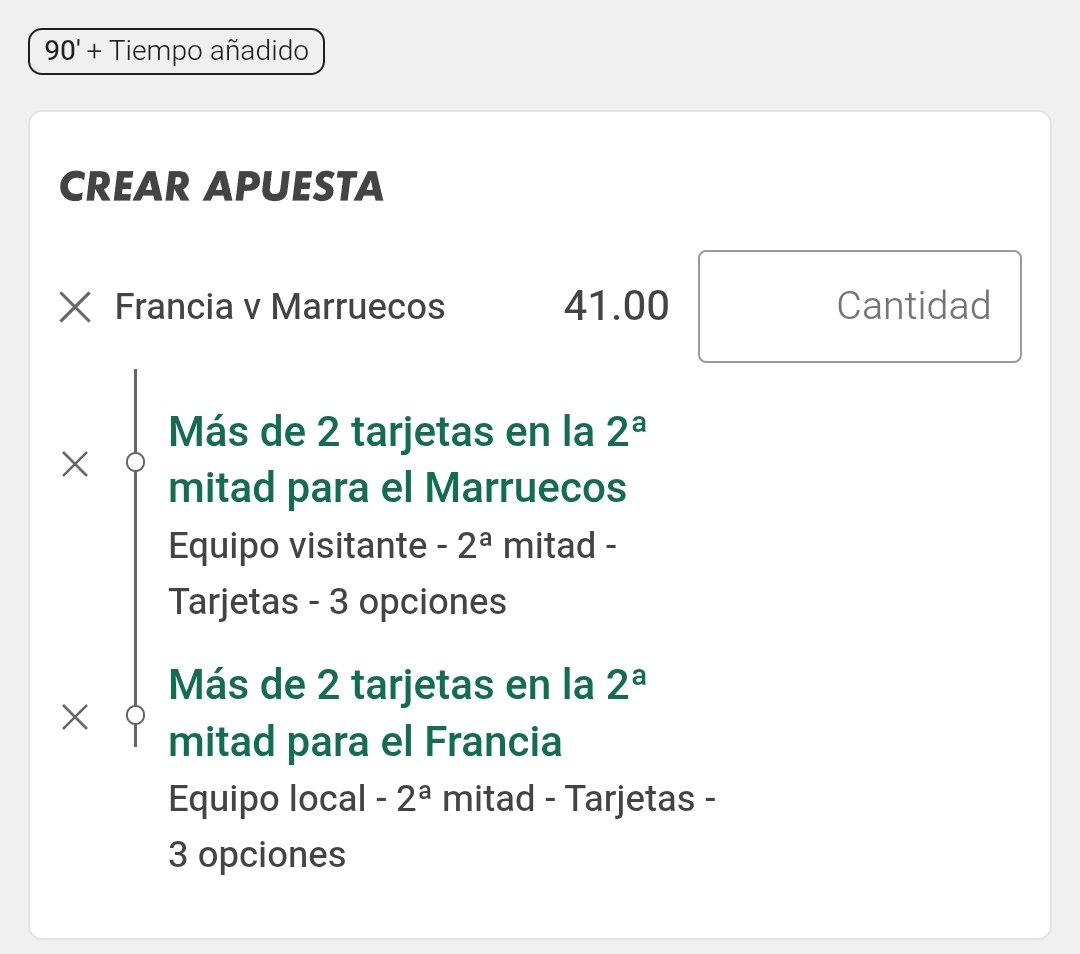 ELVALUEDORR's tweet photo. 🚨 FUNBET DEL DÍA 🚨

🇫🇷 Francia +2 tarjetas (2ª parte)
🇲🇦 Marruecos +2 tarjetas (2ª parte)

💰 Cuota 41.00
🎯 Stake 0,1

Eliminatoria, tensión máxima y un árbitro muy tarjetero. Si el partido llega vivo al tramo final... puede saltar absolutamente todo. 🔥🟨 https://t.co/8K9ffJMvdK