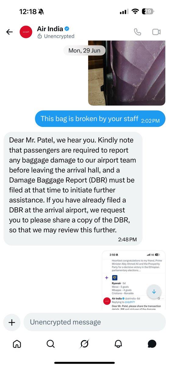 dp9171's tweet photo. @campbellwilson @airindia @AAI_Official 

Subject: Urgent Complaint Regarding Damaged Baggage and No Response from Air India Staff https://t.co/dXzgmu1AWV
