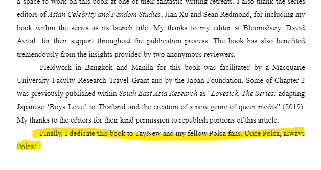 tbaudinette's tweet photo. Because this Filipino student is getting lots of unwarranted hate and criticism, let me share the acknowledgement in my own academic book where I thank my favourite #BL ship. It's completely normal to acknowledge everything that helped your academic work, even fannish things! https://t.co/zAVCL6k0Na