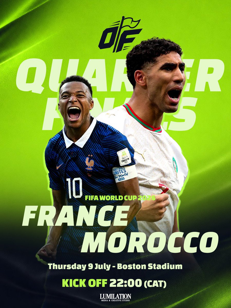Offside_ZA's tweet photo. France 🇫🇷 vs Morocco 🇲🇦

The quarter-finals don’t get much bigger than this. 🔥

One match. One winner. One step closer to FIFA World Cup glory. 

Who’s booking their place in the semi-finals? 

#FIFAWorldCup #WorldCup2026 #France #Morocco #LesBleus #AtlasLion #Football https://t.co/PX0XgvuRRD