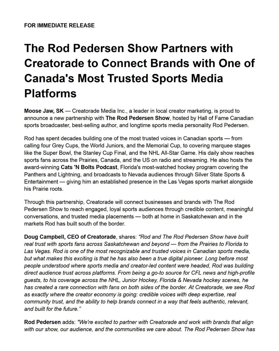 RodPedersenShow's tweet photo. ๐จ NEWS: The Rod Pedersen Show has partnered with Creatorade Media Inc. to connect brands with one of Canada's most trusted sports media platforms!
ย
We're excited for what's ahead as we continue growing across Canada & the U.S.
ย
Read more:
ย
#RPShow #Creatorade #SportsMedia https://t.co/f0xqz3srAG