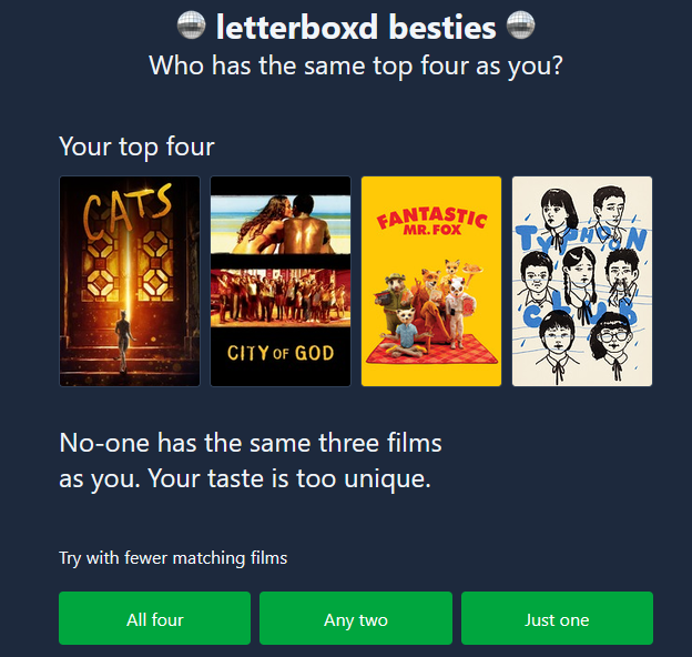 Nocryreading's tweet photo. I cant imagine why nobody has close to the same top 4 as me. I must be completely unique. Def not that my top 4 is incoherent. https://t.co/OJybu8p4Xw
