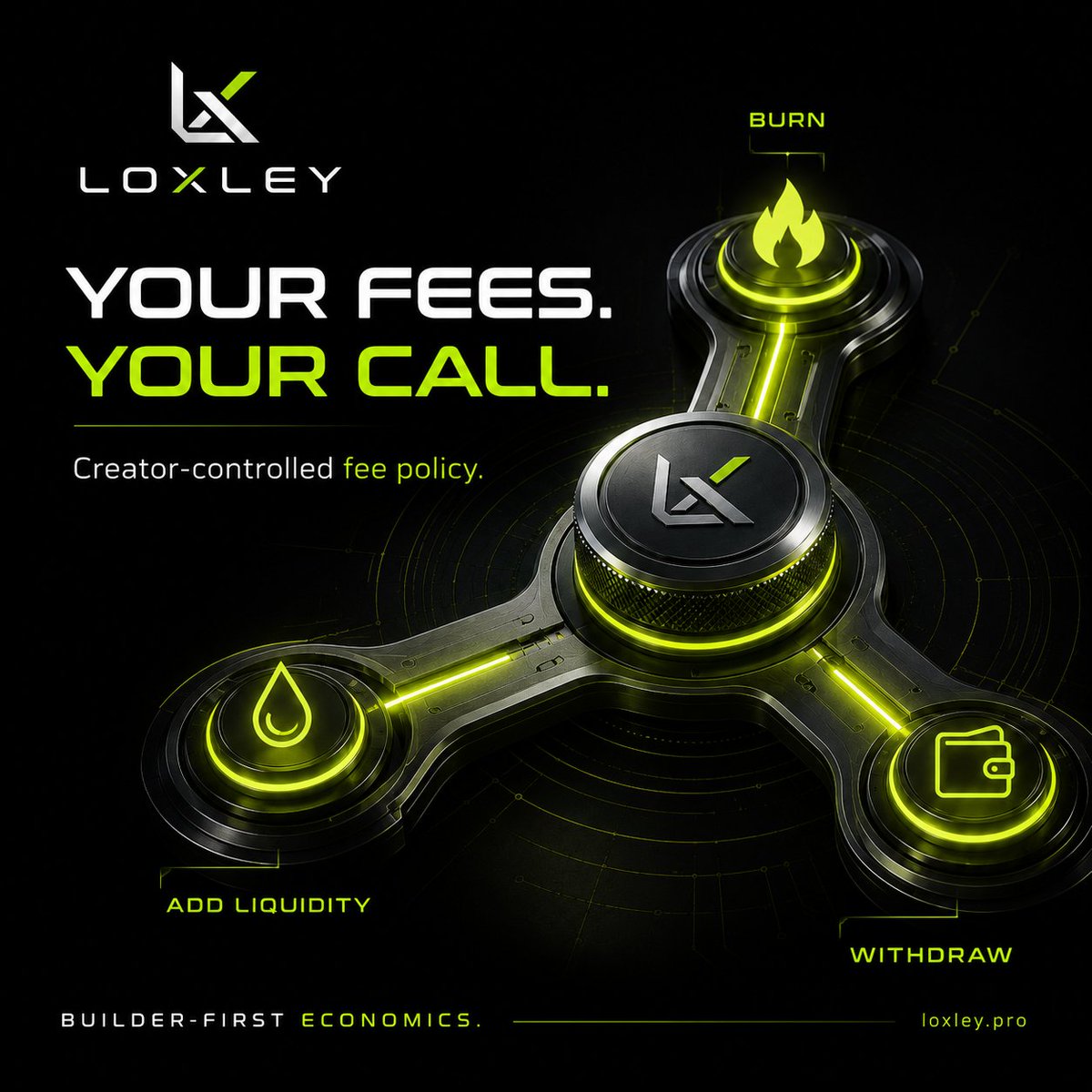 Loxley_Pro's tweet photo. Most launchpads compel creators to burn their fees. We consider that a design flaw.

On Loxley, the creator decides the fee policy for their own asset: burn, add to liquidity, or withdraw. The economics are weighted toward the builder rather than the platform, because the incentive to build here should be obvious.

https://t.co/RBnAljwExE
