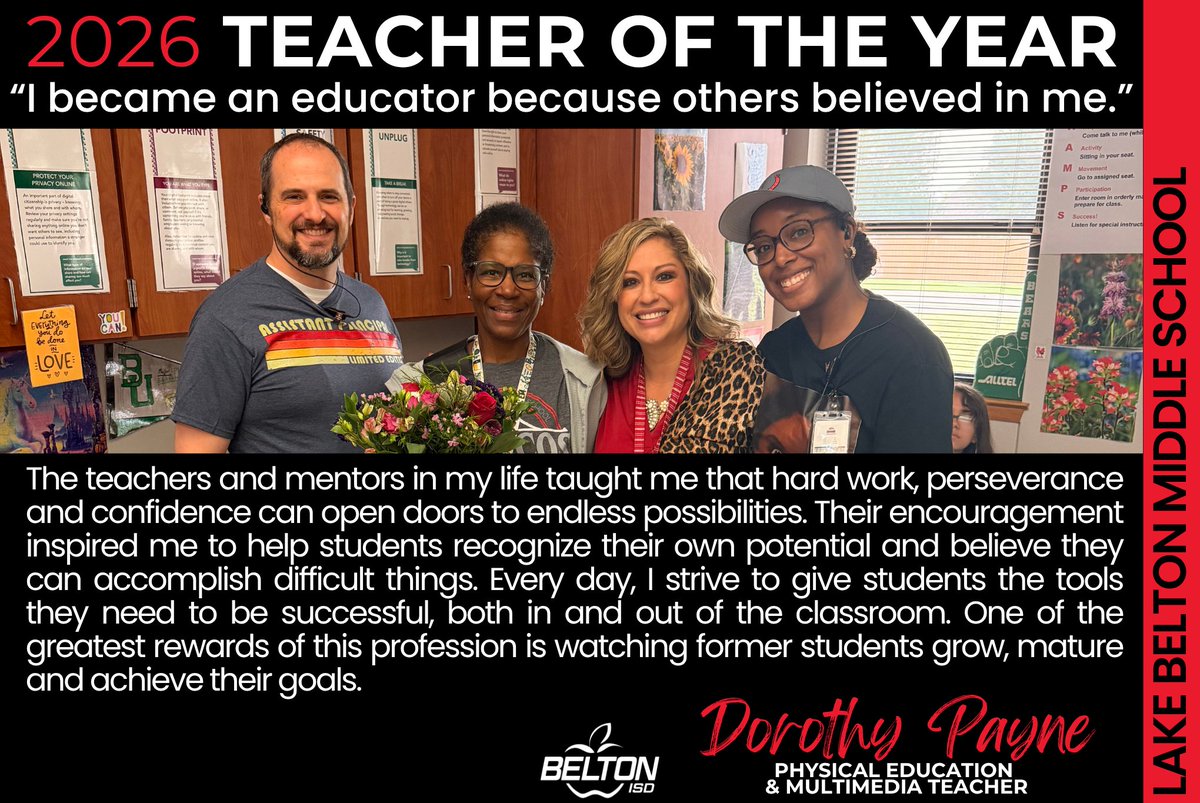 BeltonISD's tweet photo. Every student deserves someone who believes in them.🍎
Meet one of our 2026 Middle School Teachers of the Year. https://t.co/H5n7rCSZkt