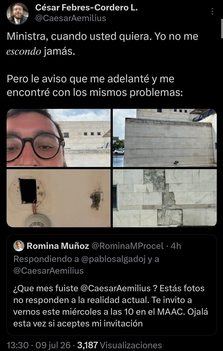 ivanedu's tweet photo. Le envían fotos de hoy del estado del MAAC y la ViceMin se lanza un "me parece que está moviendo imágenes" y termina con "dónde se habrá ido a meter".

Es algo mínimo y ella es cordial, pero me choca que pese a la evidencia, no admita que posiblemente aún faltan cosas por hacer. https://t.co/yJPZtxW5rx