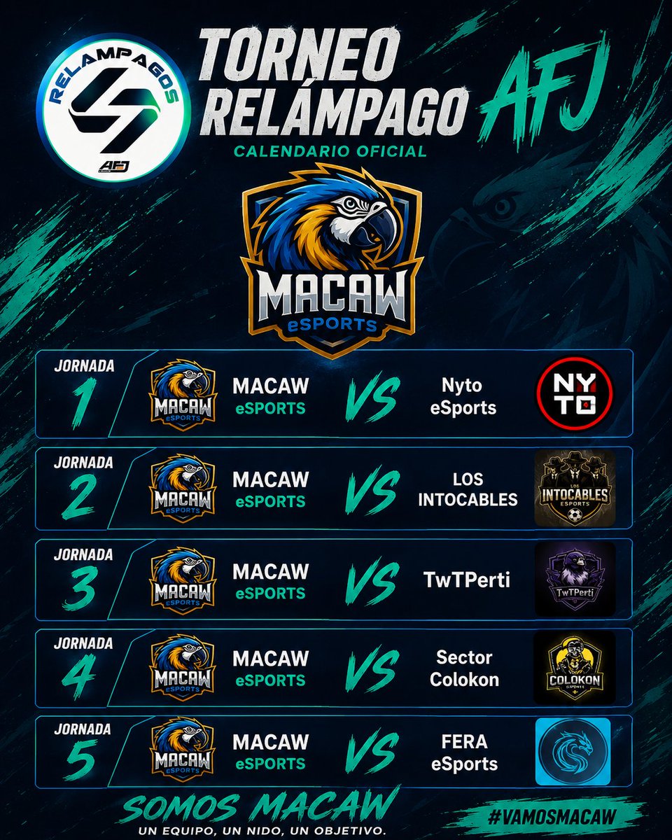 MACAWeSPORTS's tweet photo. Esta noche afrontamos el Torneo Relámpago AFJ, una nueva oportunidad para seguir creciendo y competir al máximo nivel.
Cinco jornadas, cinco rivales y un único objetivo: representar el escudo de MACAW eSPORTS con ambición, compromiso y personalidad.
💙🦜 #SomosMACAW #AFJ #EAFC26 https://t.co/3ghiXvoYnI